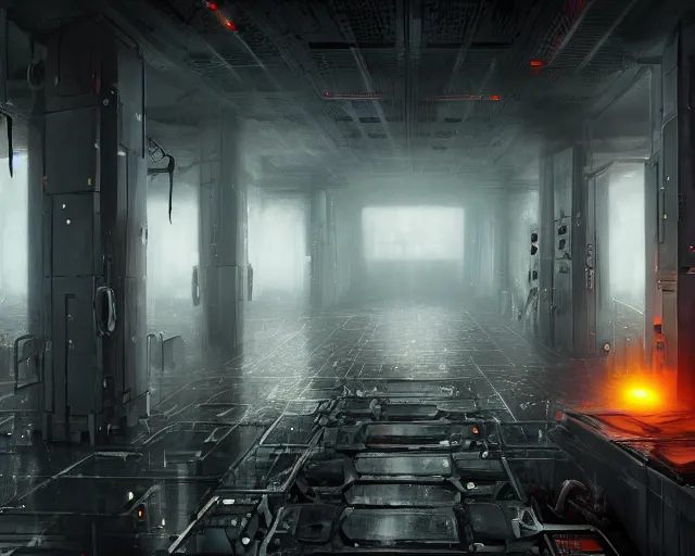 Image similar to gloomy ruined server room in datacenter robot painting concept art of automata orange robot knight colossus welder pacing mono eyed, sharp focus, emitting diodes, smoke, artillery, sparks, racks, motherboard, by pascal blanche rutkowski repin artstation hyperrealism detailed matte painting, 4 k resolution blade runner