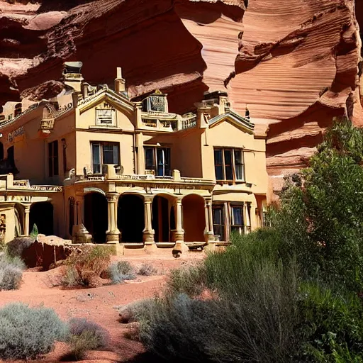 Image similar to a large, victorian mansion covered in sand in a canyon.