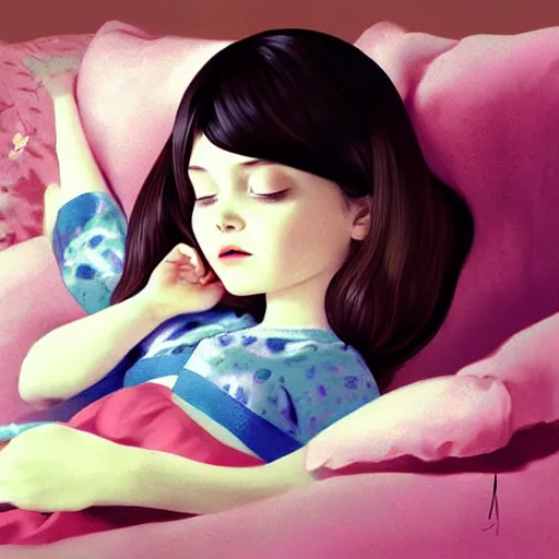 Image similar to little girl in pajama sleeping. digital artwork by ilya kuvshinov, inspired by pixar movies and balthus, highly detailed, realistic