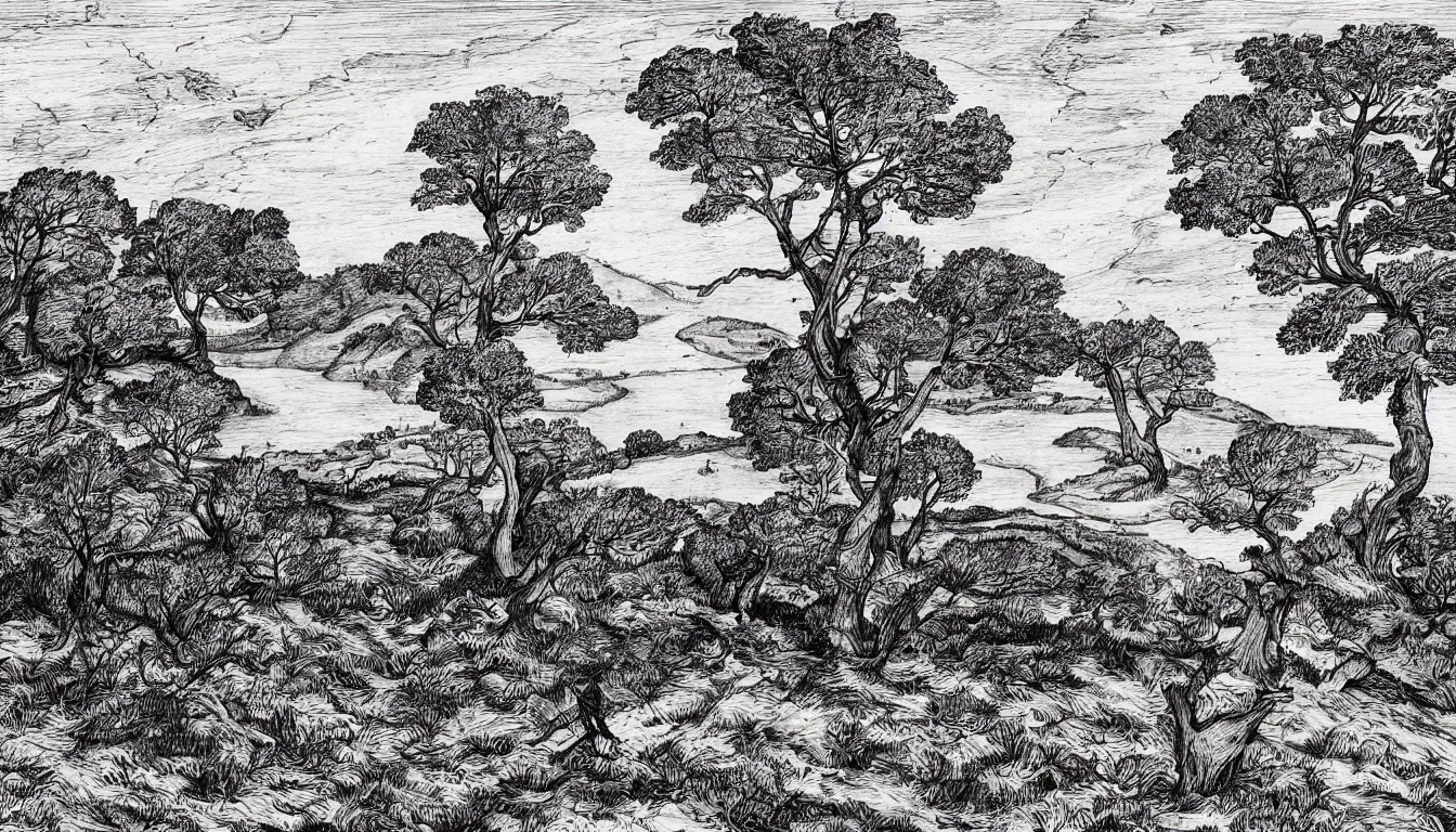 Prompt: a person sits on a hill overlooking a river, wind blown trees, pen and ink, 1 5 0 0 s, 8 k resolution