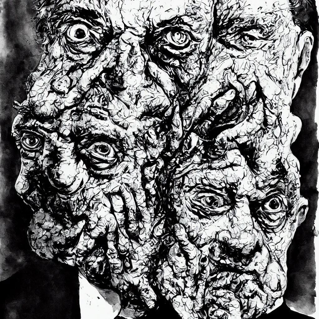 Image similar to George Soros by Ralph Steadman, illustration, body horror, biopunk, 8k , trending on artstation