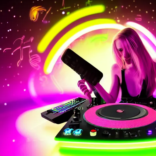 Image similar to a female woman dj playing music on a controller under the stars at a rave party, wearing headphones, long blonde hair with a side part, small kitten sitting nearby, neon pink, neon purple, octane 8 k render, hyper realistic, cyberpunk