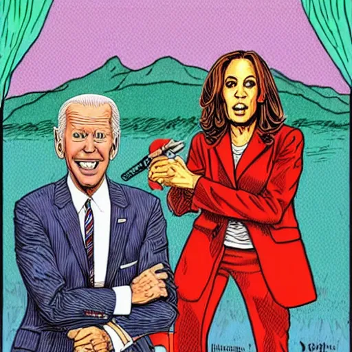 Image similar to The Artwork of R. Crumb and his Cheap Suit - Joe Biden and Kamala Harris, pencil and colored marker artwork, trailer-trash lifestyle