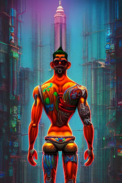 Image similar to high quality 3 d render stylized mischievous cyborg muscular man monkey hybrid, neon madhubani, highly detailed, cyberpunk!! mumbai in the background, unreal engine cinematic smooth, szukalski ravi varma, moody light, low angle, uhd 8 k, sharp focus