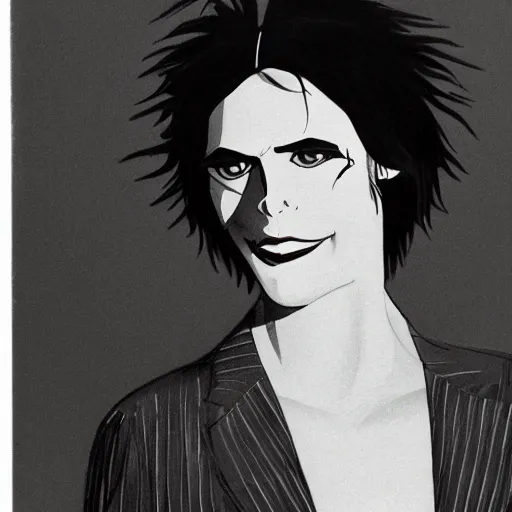 Image similar to A photgraphic portrait of the character, Desire, a tall, smiling androgyne with black hair and a grey pinstripe suit, studio lighting, medium shot, Life Magazine, 1978, Vertigo Comics, The Sandman written by Neil Gaiman, against a stormy sky