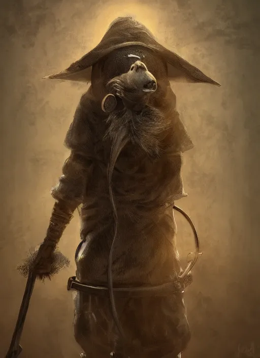 Image similar to detailed full body concept art illustration, dark soft focus, oil painting on canvas of an anthropomorphic capybara plague doctor in full intricate clothing, biomutant, dystopian, micro detail, octane render, 4K