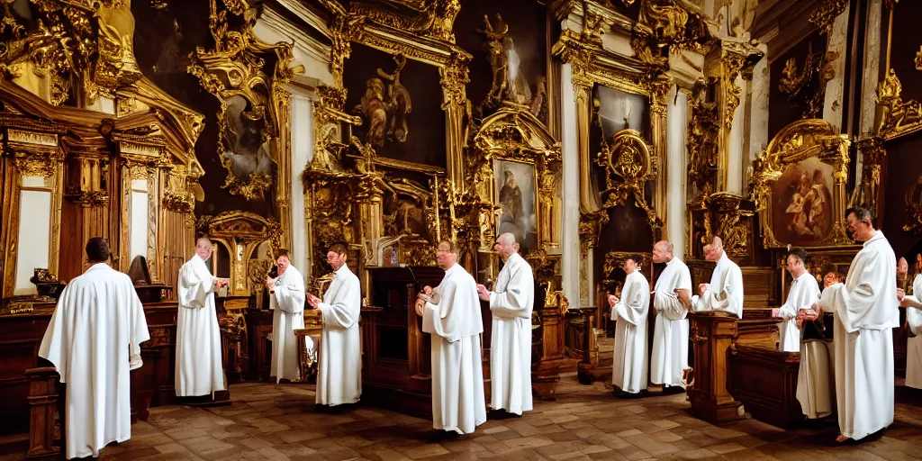 Image similar to photography of circle group of priests invoking ritual in a baroque intricate church