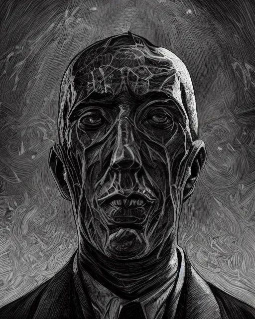 Prompt: h. p. lovecraft, pencil drawing, line art, black and white, fantasy art, monster art, illustration, fantasy, intricate, hyper detailed, artstation, concept art, smooth, sharp focus, ray tracing