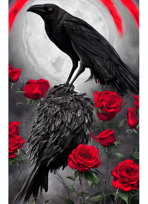 Image similar to portrait, A crow with red eyes in front of the full big moon, book cover, red roses, red white black colors, establishing shot, extremly high detail, foto realistic, cinematic lighting, pen and ink, intricate line drawings, by Yoshitaka Amano, Ruan Jia, Kentaro Miura, Artgerm, post processed, concept art, artstation, matte painting, style by eddie mendoza, raphael lacoste, alex ross