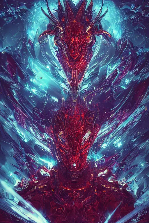 Image similar to portrait of a demonic dragon, celestial. intricate abstract. cyberpunk, vhs glitch. glorious cosmic helmet. intricate artwork. immaculate. holy. empty oxygen tank. by wlop, Antoine Collignon, dan mumford. octane render, trending on artstation, dan witz very coherent symmetrical artwork. cinematic, hyper realism, high detail, octane render, 8k, iridescent accents, deep color