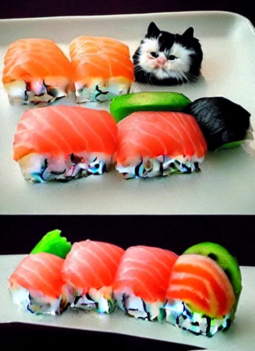 Image similar to clear photorealistic picture of adorable cats made out of sushi