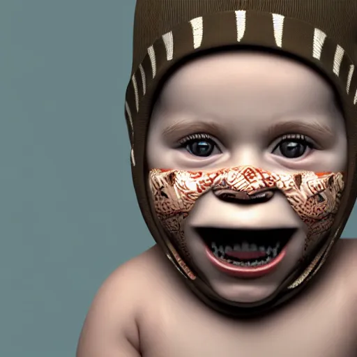 Image similar to 3D render of a baby covered in tattoos wearing a cloth balaclava and showing its gold grill on its teeth, octane render, 3d, cinema4d, cgsociety, artstation