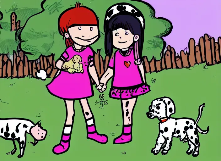 Image similar to punk girl and duchess with a dalmatian piglet in a park. comic style