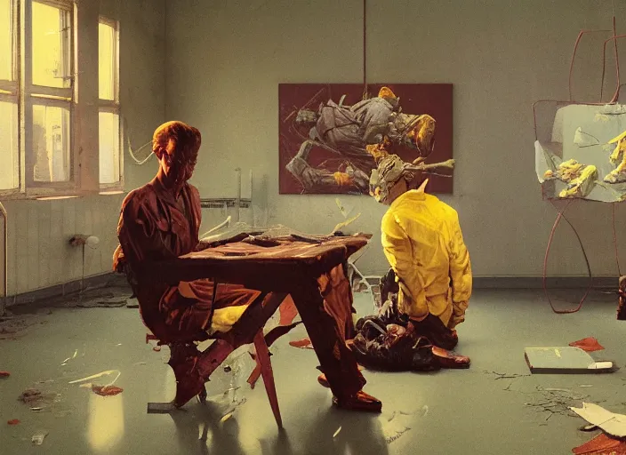 Prompt: a still from the tv series chernobyl by francis bacon, surreal, norman rockwell and james jean, greg hildebrandt, and mark brooks, triadic color scheme, by greg rutkowski, in the style of francis bacon and syd mead and edward hopper and norman rockwell and beksinski, dark surrealism, open ceiling