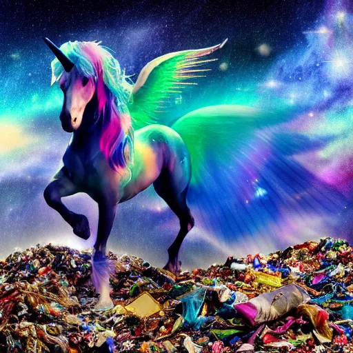 Image similar to 8 k capture scan of a iridescent unicorn with wings dancing in a garbage dump, the sky has the milky way, high textured, conceptual, intricate detailed photography, illustration sharp