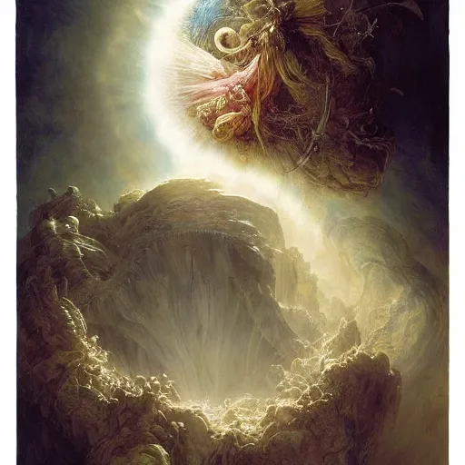 Prompt: ellen jewett, beautiful surreal palatial pulsar at dawn, creation of the world, angels, seraphim, let there be light, land, sea, planet earth, genesis, gustave dore, ferdinand knab, jeff easley