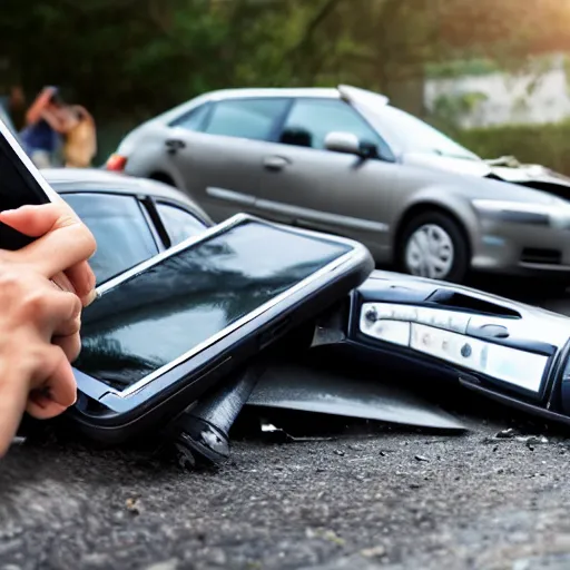 Prompt: car accident but the victims are multiple smartphones