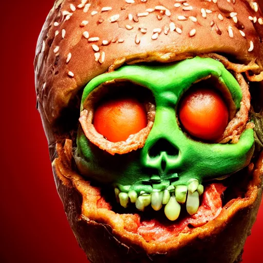 Image similar to a humanoid bipedal upright zombie that strongly resembles a hamburger, professional food photography