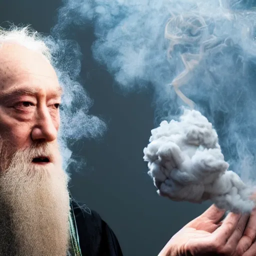 Image similar to a stoned dumbledore exhaling a huge smoke cloud, professional photography, featured on artstation