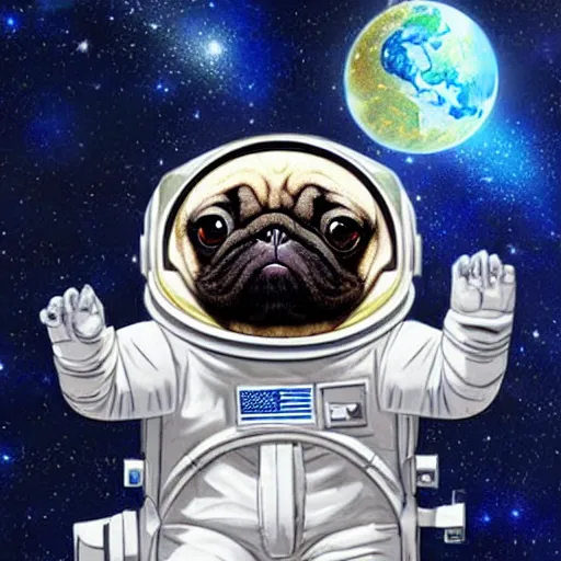 Image similar to hyper realistic, highly detailed, astronaut pug in space.