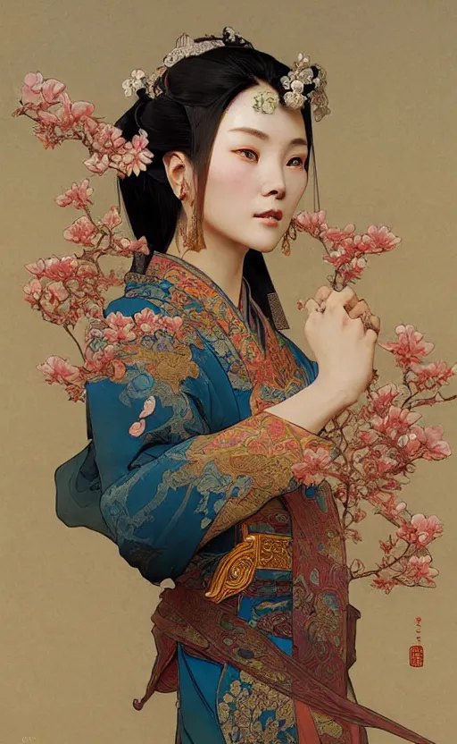 Prompt: ancient chinese beauties, highly detailed, digital painting, artstation, concept art, sharp focus, illustration, art by greg rutkowski and alphonse mucha