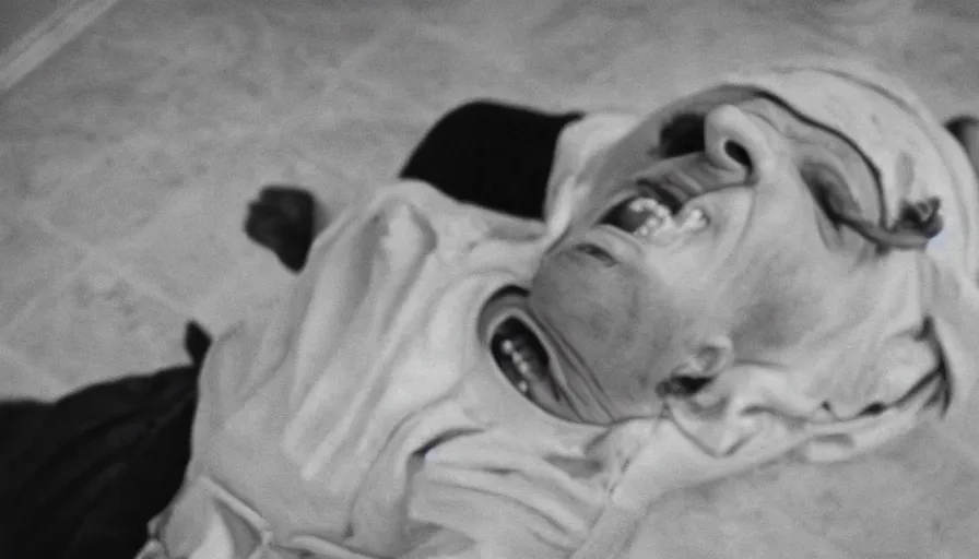 Prompt: 1 9 6 0 s movie still close - up of chrysippus laughing hysterically, charcot hysteria on the floor in a neoclassical room with marble tiles, cinestill 8 0 0 t 3 5 mm b & w, high quality, heavy grain, high detail, texture, dramatic light, anamorphic, hyperrealistic