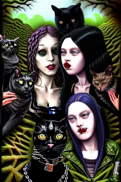 Prompt: punk rock girls kissing and making selfie with black cats in jungle , 1980 style, mad max jacket, post apocalyptic, Cyberpunk, renaissance, Gothic, mystic, highly detailed, digital painting, 4k, fog, oil painting by Leonardo Da Vinci, hyper realistic style, fantasy by Olga Fedorova