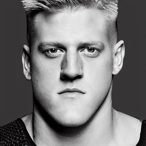 Image similar to “a realistic detailed photo of a guy who is an attractive humanoid who is half robot and half humanoid, who is a male android, football player JJ Watt, shiny skin, posing like a statue, blank stare”