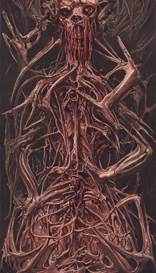 Image similar to Doom themed painting of symmetrical torso demon dissection anatomy with extended evil hands concept, intricate artwork by H.R. Giger, Johnatan Wayshak, Zdizslaw Beksinski, Ayami Kojima, Amano, Karol Bak, Moebius, and Mark Brooks, Neo-Gothic, gothic, rich deep colors, art by Takato Yamamoto, masterpiece, face by Artgerm, very coherent artwork, cinematic, hyper realism, high detail, octane render, unreal engine, 8k, High contrast, golden ratio, trending on cgsociety