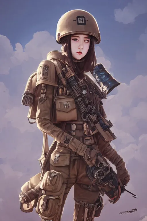 Image similar to dieselpunk blackpink jisoo as soldier girl, helmet, portrait, desert, armored, highly detailed, sharp focus, art, illustrations by rossdraws and ayanamikodon and wlop and irakli nadar and loish