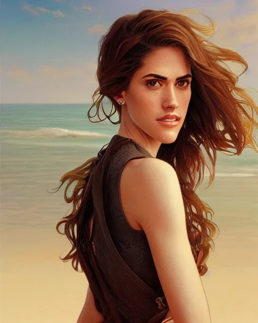 Image similar to beautiful ,allison williams standing in front of a beach, intricate, stunning, highly detailed, digital painting, artstation, concept art, smooth, sharp, focus, illustration, art by artgerm and greg rutkowski and alphonse mucha