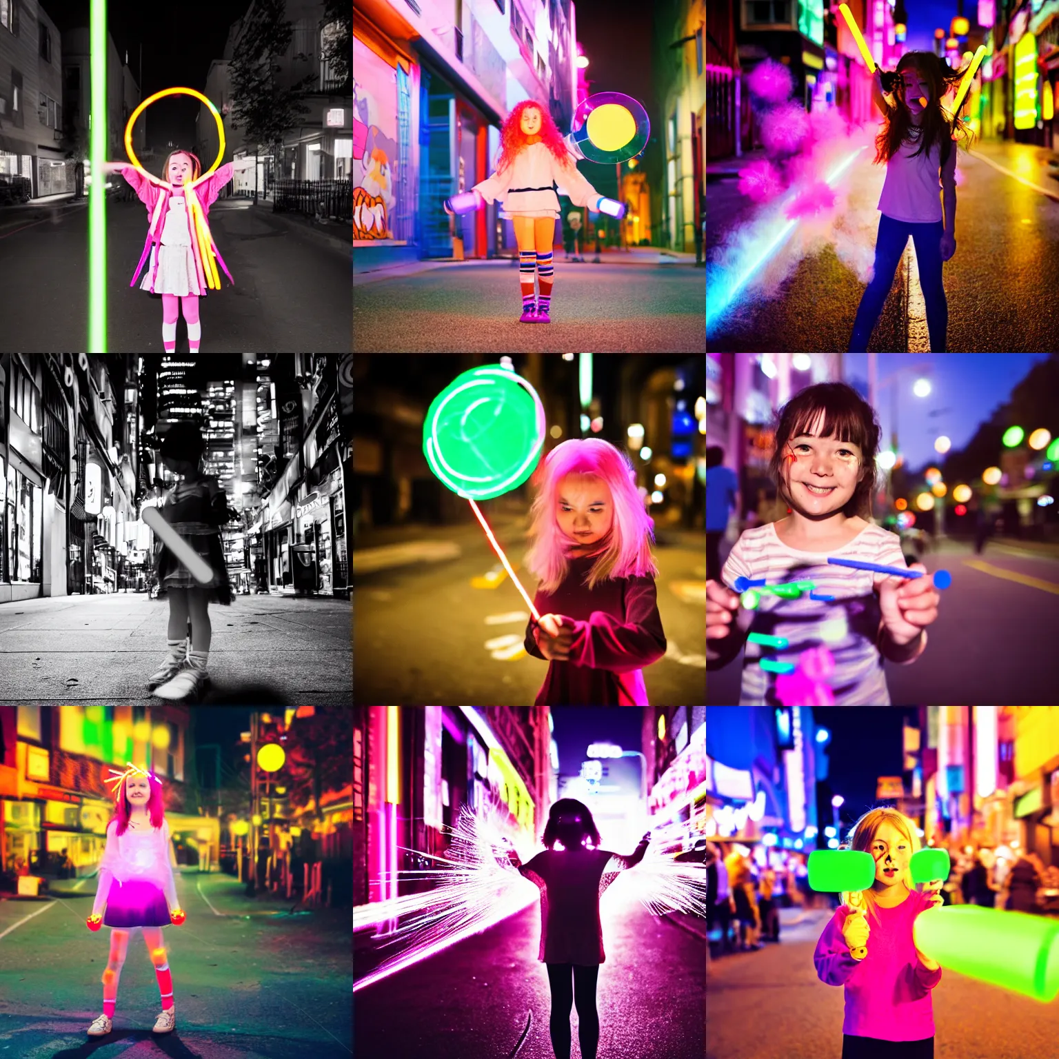 Prompt: slow shutter speed anime portrait of curious cartoon girl standing in city street waving glow sticks.