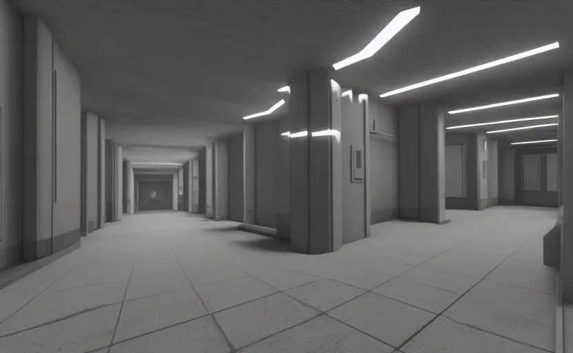 Image similar to screenshot of a first person shooter game on unreal engine 5, narrow modern hallways of a government office facility with white dry wall, photorealistic, retrofuturism, concept art, trending on artstation