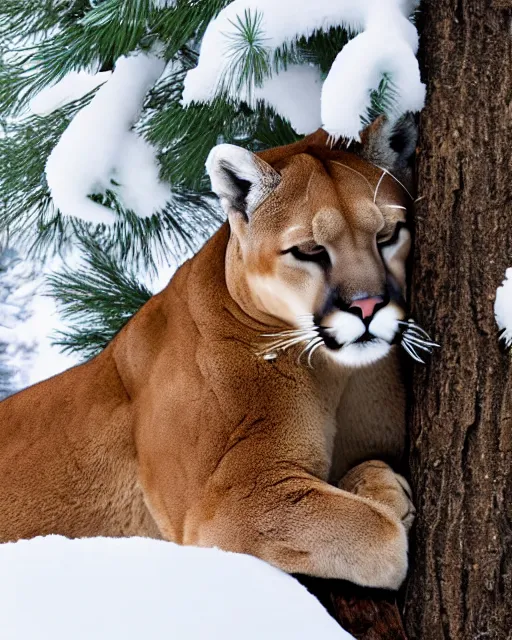 Image similar to magazine article showing 'a cougar sleeping in the middle of snowy pine tree' laying on coffee table, zoomed out shot, HD, iphone screenshot