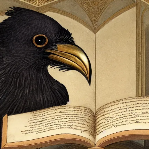 Image similar to beautifully detailed portrait of a detailed raven looking at a book laid out on a golden silk cloth, in a serene beautiful stone arched garden at beautiful sunrise by pascal blanche and frederic leighton and by rosetti and sidney cooper, 4 k, artstation