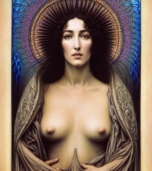 Image similar to detailed realistic beautiful young monica bellucci head and shoulders portrait by jean delville, gustave dore and marco mazzoni, art nouveau, symbolist, visionary, baroque, intricate fractal, maximalism. horizontal symmetry by zdzisław beksinski, iris van herpen, raymond swanland and alphonse mucha. highly detailed, hyper - real, beautiful