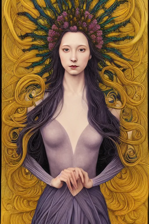 Image similar to portrait of a young female wizard in flowing sensual dress, arrogant, long fine flowing hair, delicate, looking at camera, slight nerdy awkward smile, realistic face, stylish, elegant, grimdark fantasy, flowers, extremely detailed painting inspired by Gerald Brom and Ernst Haeckel and Sandro Botticelli , studio lighting