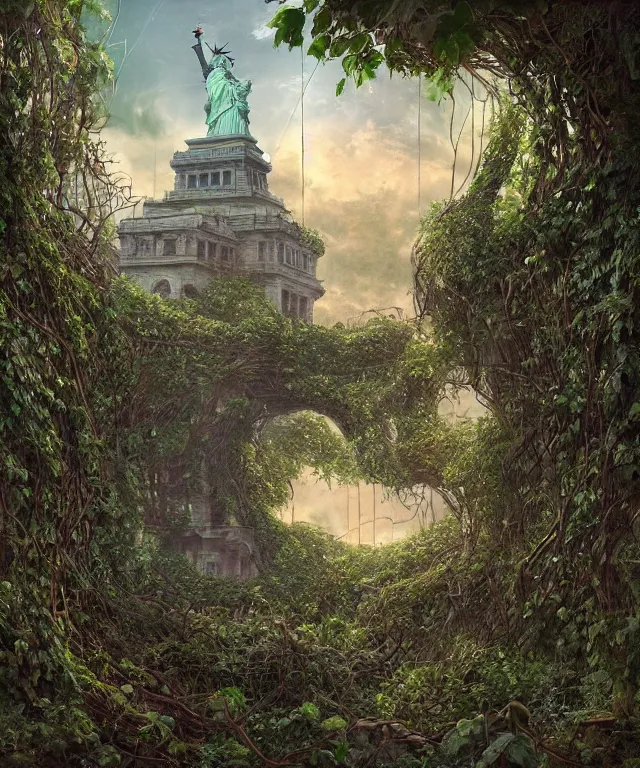 Prompt: highly detailed digital matte painting of an overgrown, abandoned, damaged Lady of Liberty, taken back by nature, vines. Full shot. By Raphael LaCoste and Ruan Jia and Robert McCall, postcyberpunk, geodesic dome, hyperdetailed, sunrise, wide shot, autochrome, octane render