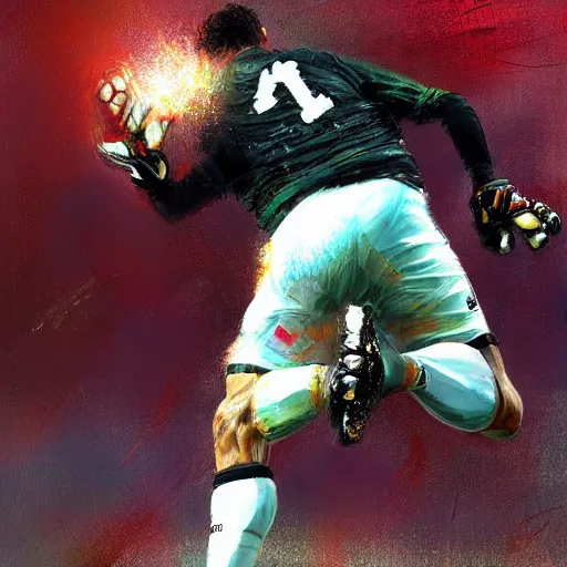 Prompt: A realistic hyperdetailed multi-colored digital oil full body portrait painting of a fat goal keeper jumping saving a shot, black jersey, in the style of Guy Denning, Ruan Jia, and Craig Mullins. Trending on ArtStation and DeviantArt. CGSociety Digital art.