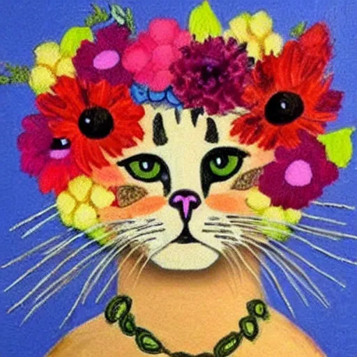 Prompt: a cat made out of flowers, in the style of frida kalho