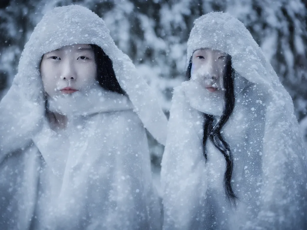 Image similar to the piercing stare of yuki onna, snowstorm, blizzard, mountain snow, canon eos r 6, bokeh, outline glow, asymmetric unnatural beauty, gentle smile, billowing cape, blue skin, centered, rule of thirds