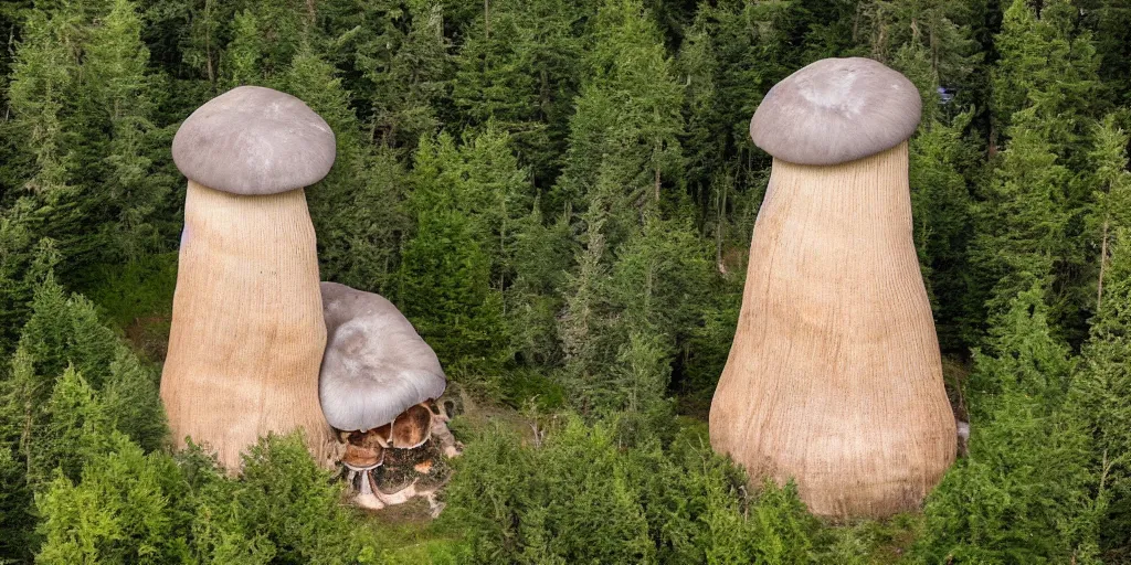 Prompt: large tower residence made from an enormous mushroom, washington state