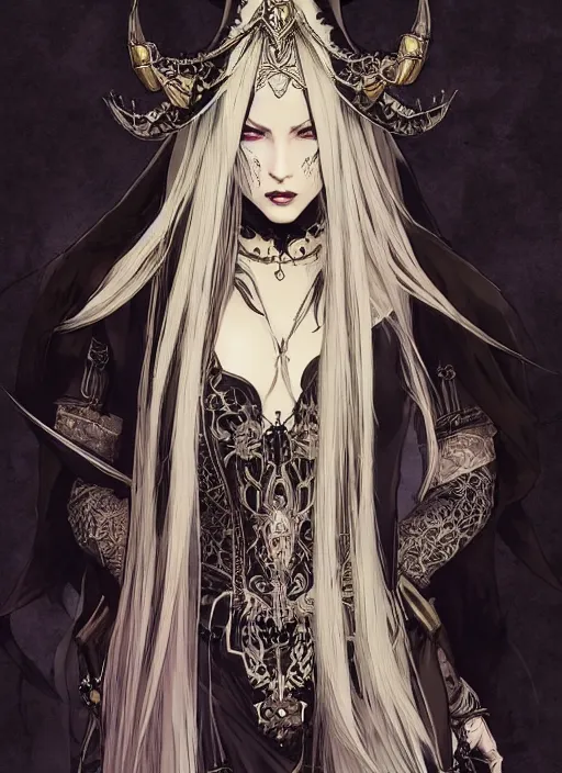 Image similar to beautiful human witch with blonde long straight hair in intricate ornate witch robe, haughty evil look, witch hat. in style of yoji shinkawa and hyung - tae kim, trending on artstation, dark fantasy, great composition, concept art, highly detailed, dynamic pose.