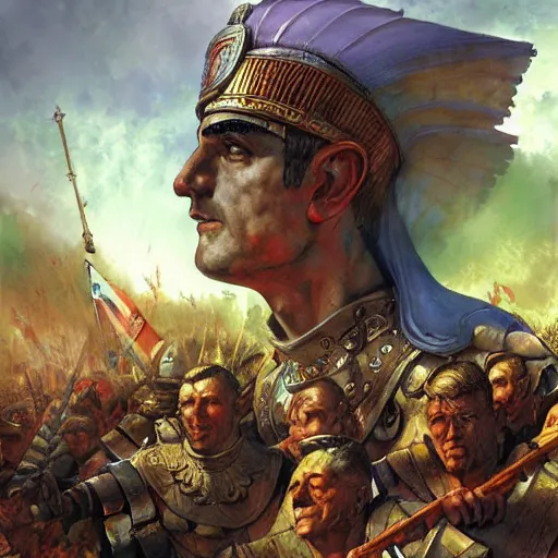 Prompt: Roman Emperor Constantine leading an army by Marc Simonetti