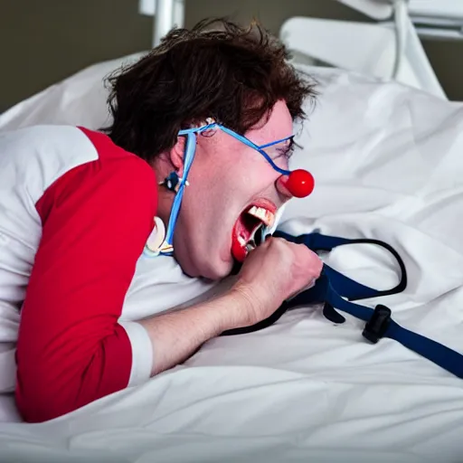 Image similar to confused laughing clown lying in hospital bed with wrist restraints on, restraints have fabric straps attached to hospital bed, photograph, 8 k