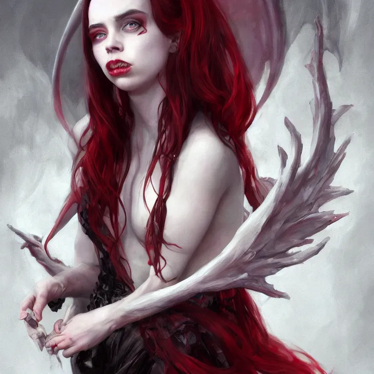 Prompt: Portrait of Billie Eilish as a beautiful pale laughing succubus maiden with dark wings, nimbus, and devil's horns, red lighting, masterpiece 4k digital illustration by Ruan Jia and Mandy Jurgens and Artgerm, highly detailed, trending on artstation, award winning