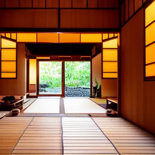 Prompt: inside a cozy dark wooden Japanese house with a indoor koi pond, bonsai trees, stream flowing through the house,fireflies, wild flowers, raining, bamboo forest, evening time, peaceful, calm, atmospheric