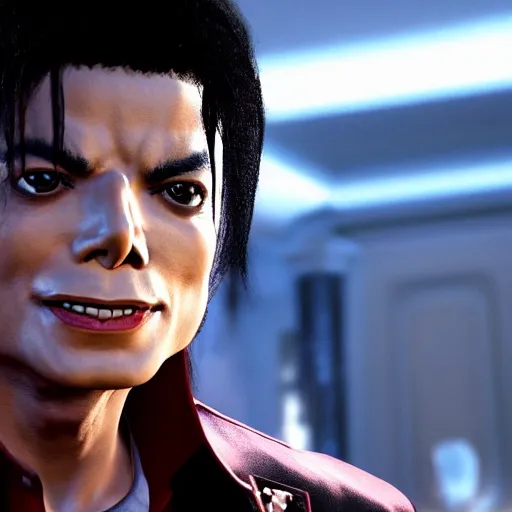 Image similar to a videogame still of Michael Jackson in Tekken 7, portrait, 40mm lens, shallow depth of field, close up, split lighting, cinematic