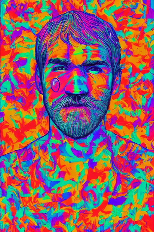 Image similar to inspirational style hope poster of bo burnham with beard, psychedelic colors, highly detailed, realistic, loving, by vitto ngai