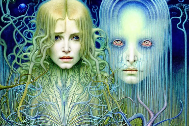 Image similar to realistic detailed portrait painting of a beautiful ghost woman with blond hair with an alien, futuristic sci-fi forest on background by Jean Delville, Amano, Yves Tanguy, Alphonse Mucha, Ernst Haeckel, Edward Robert Hughes, Roger Dean, rich moody colours, blue eyes